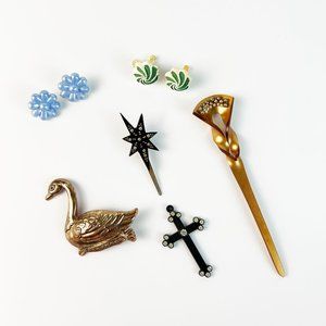 Vintage Celluloid Hair Ornament Clip Cross Earrings Pin Parts Lot